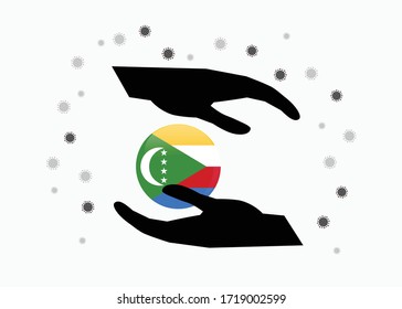 Hand holding Comoros flag in cycle symbol, Protect Comorian people from coronavirus or COVID-19 concept, Save Comoros, sign symbol background, vector illustration. 