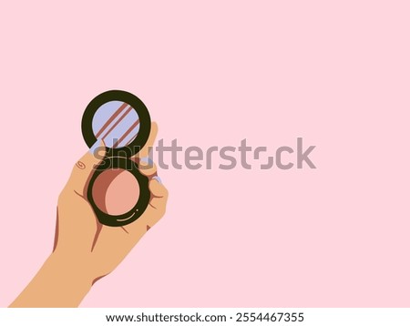 A hand holding a compact blush palette with a mirror open, against a soft pink background.