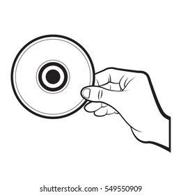 hand holding compact disc in black outline-vector drawing