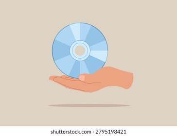 Hand holding compact Disk or DVD and CD RW. Old medium to store information on computers. Modern vector illustration in flat style 