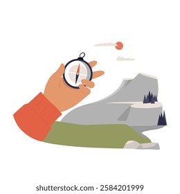 Hand Holding Compass Against Mountain Landscape In Flat Vector Illustration Symbolizing Exploration, Adventure, And Navigation, Isolated On White Background