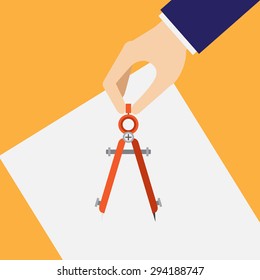 hand holding compass devider on blank paper for working education design , business etc. vector illustration
