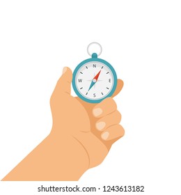 Hand holding a compass, compass in hand. Hand holds compass, navigation device. Vector illustration.