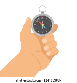 Hand holding a compass, compass in hand. Hand holds compass, navigation device. Vector illustration.