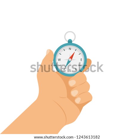 Hand holding a compass, compass in hand. Hand holds compass, navigation device. Vector illustration.