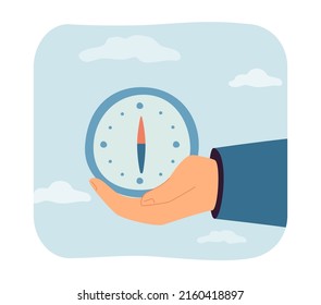 Hand holding compass for navigating. Man using old navigation equipment with magnet for orienteering flat vector illustration. Guide, direction concept for banner, website design or landing web page