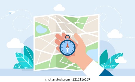 Hand holding a compass on background of the map. Search for direction of movement, landmark. A businessman holds a navigation device in his palm. Navigation concept. Flat style. Vector illustration.