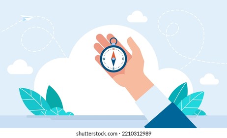 Hand holding a compass. Search for direction of movement, landmark. A businessman holds a navigation device in his palm. Compass and hand. Navigation concept. World travel. Flat vector illustration