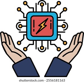A hand is holding a computer chip with a lightning bolt on it. Concept of technology and power, as well as the importance of protecting and preserving it