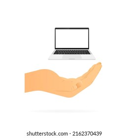Hand holding computer device. Realistic hand and technology. White background. Vector illustration.
