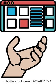 A hand is holding a computer monitor with a blue and red background. The hand is positioned above the monitor, as if it is about to show something to the viewer. Concept of curiosity and anticipation