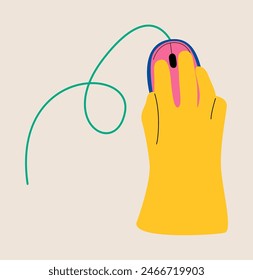 Mano sosteniendo el ratón del ordenador. Ilustración vectorial colorida