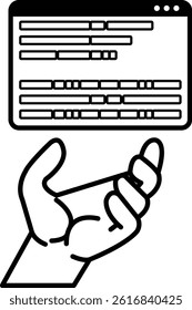 A hand is holding a computer screen with a lot of text on it