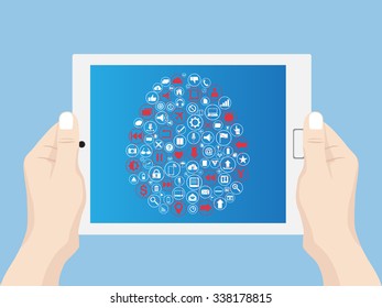 Hand holding Concept Tablet computer with human brain Web icons, Business icons and Technology icons for technology and business concept, Vector Illustration EPS 10.