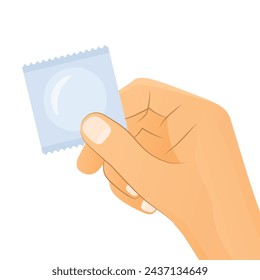 hand holding condom in a package, safe sex concept, awareness, prevention sexually transmitted infections and unplanned pregnancies - vector illustration
