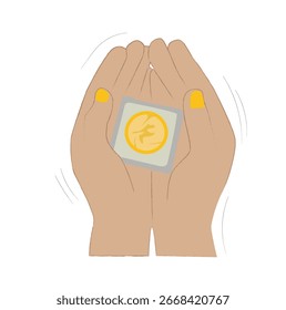 hand holding a condom. Woman's hand holding packed condom