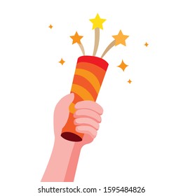 hand holding confetti or firework, celebrating and surprise, for bithday, party and new year event icon symbol in cartoon flat illustration vector