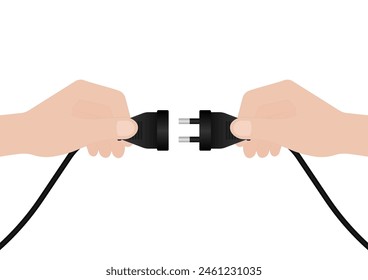 Hand Holding and Connecting Electric Plug. Vector Illustration. 