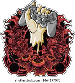 hand holding console control tshirt sticker design vector isolated
