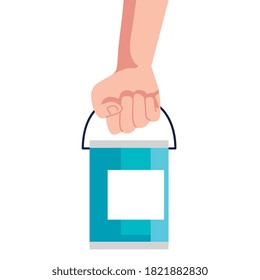 hand holding construction paint bucket design of working maintenance workshop and repairing theme Vector illustration