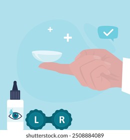 Hand holding a contact lens. Container, vial with lens solution. Ophthalmologist recommending prescription corrective lenses for myopia. flat vector illustration