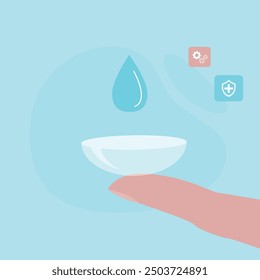 Hand holding a contact lens. Ophthalmologist recommending prescription corrective lenses for myopia. Finger holds contact lens. flat vector illustration