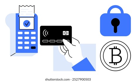 Mão segurando um cartão sem contato perto de um terminal de pagamento, com um recibo, um símbolo Bitcoin e uma trava de segurança. Ideal para serviços bancários on-line, comércio eletrônico, carteiras digitais, transações seguras