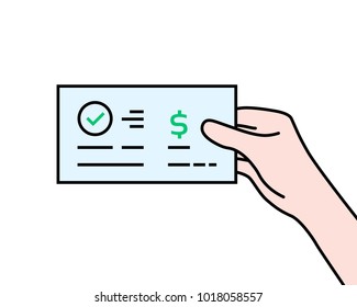 hand holding contour bank check. flat cartoon modern manager logo graphic art design isolated on white background. concept of global electronic banking or paycheck in woman arm or prize bonus