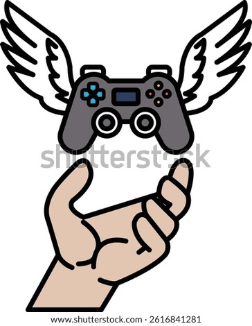A hand holding a controller with wings on top of it. The controller is a Nintendo Wii controller