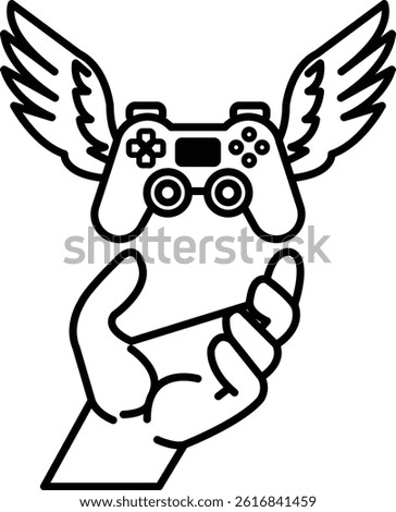A hand holding a controller with wings on top of it