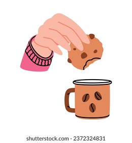 Hand Holding Cookie and Coffee Cup with Aromatic Drink Vector Illustration