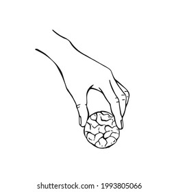 Hand holding a cookie. Hand drawn black and white vector illustration.