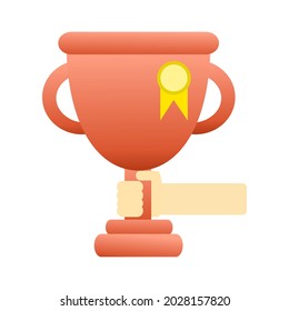 hand holding a copper trophy with an order mark trophy. flat design icon vector illustration on white background.