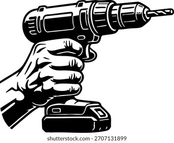 Mano que sostiene el taladro eléctrico inalámbrico blanco y negro
