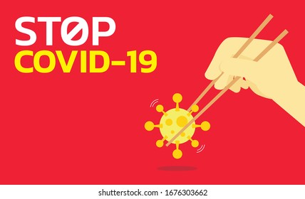 Hand holding Coronavirus COVID-2019 with chopsticks on red background, Stop COVID-2019 concepet design.