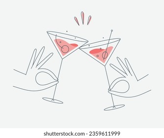 Hand holding cosmopolitan and manhattan cocktails clinking glasses drawing in flat line style