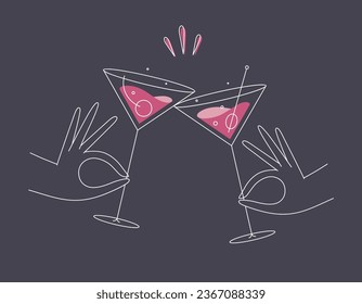 Hand holding cosmopolitan and manhattan cocktails clinking glasses drawing in flat line style on dark blue background