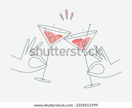 Hand holding cosmopolitan and manhattan cocktails clinking glasses drawing in flat line style