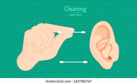 Hand Holding Cotton Buds Cleaning An Ear. Body Part Beautiful Color. Vector Illustration Eps10