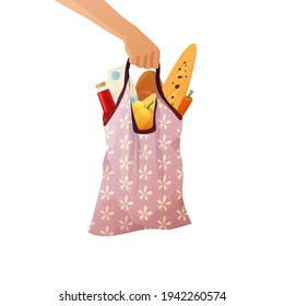 Hand holding a cotton shopping bag of groceries. Eco package with food from shop. Contactless safe delivery service concept. Cartoon vector illustration.