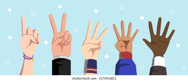 Hand holding counting number, Hands showing numbers one, two, three, four, five. 