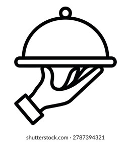 Hand holding covered serving dish icon in black line art style icon