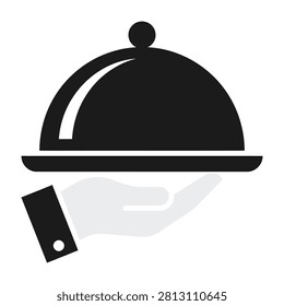 A hand holding a covered serving dish on a tray, ready to serve food at a restaurant or formal event