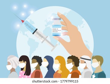 Hand holding COVID-19 coronavirus vaccine and syringe  with group of mix race people wearing face mask and globe background.