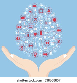 Hand holding Creative human brain with Creative business icons, technology icons and strategy planning web icons Idea, Vector Illustration EPS 10.