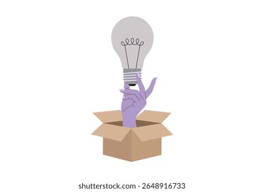 Mão segurando ideia criativa emergindo de caixa de papelão ilustração vetor.