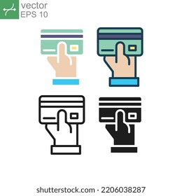 Hand holding credit card or ATM card for purchase. Payment by card in merchant as cashless payment method. Buy, credit card, hand, pay icon. Vector illustration. Design on white background. EPS 10
