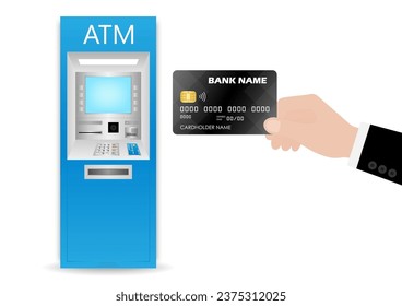 Hand Holding Credit Card, ATM Card or Debit Card with ATM- Automated Teller Machine. Paying, Withdrawing or Transferring Money Concept. Vector Illustration. 