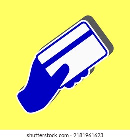 Hand holding a credit card. Blue Icon with white stroke in 3d at yellow Background. Illustration.