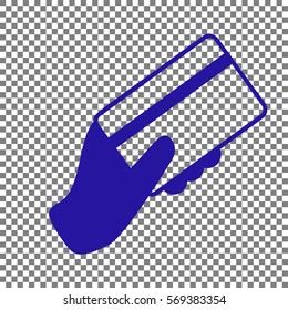 Hand Holding A Credit Card. Blue Icon On Transparent Background.